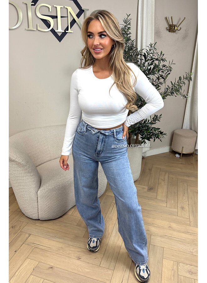 BLUE - 'FOLDED JEANS' - SUPER STRETCH FOLDED WAISTBAND WIDE LEG JEANS