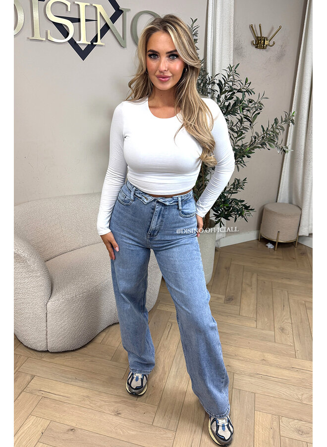 BLUE - 'FOLDED JEANS' - SUPER STRETCH FOLDED WAISTBAND WIDE LEG JEANS