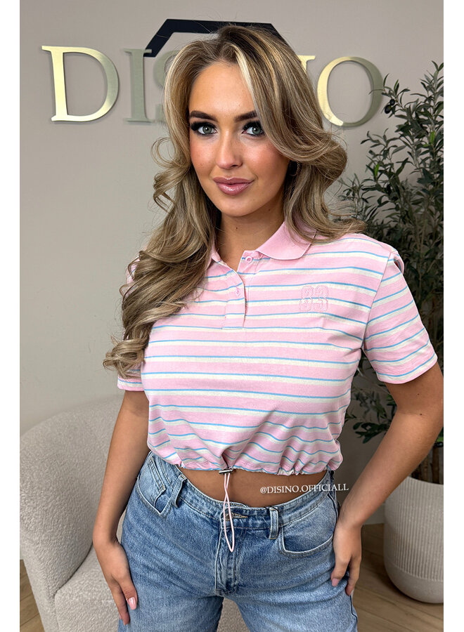 PINK - 'KIRSTEN TOP' - CROPPED STRIPED POLO SHIRT