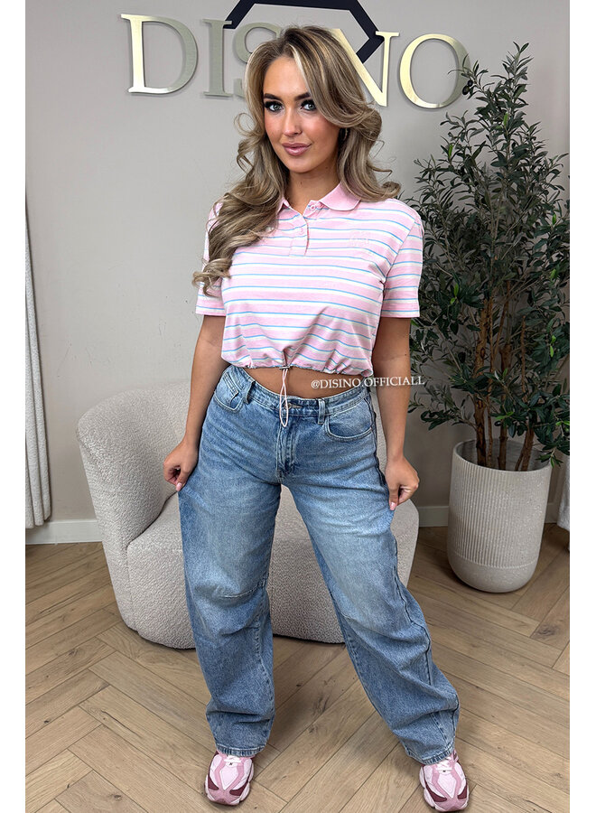 PINK - 'KIRSTEN TOP' - CROPPED STRIPED POLO SHIRT