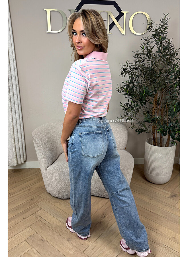 PINK - 'KIRSTEN TOP' - CROPPED STRIPED POLO SHIRT
