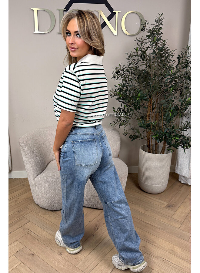 WHITE - 'KIRSTEN TOP' - CROPPED STRIPED POLO SHIRT