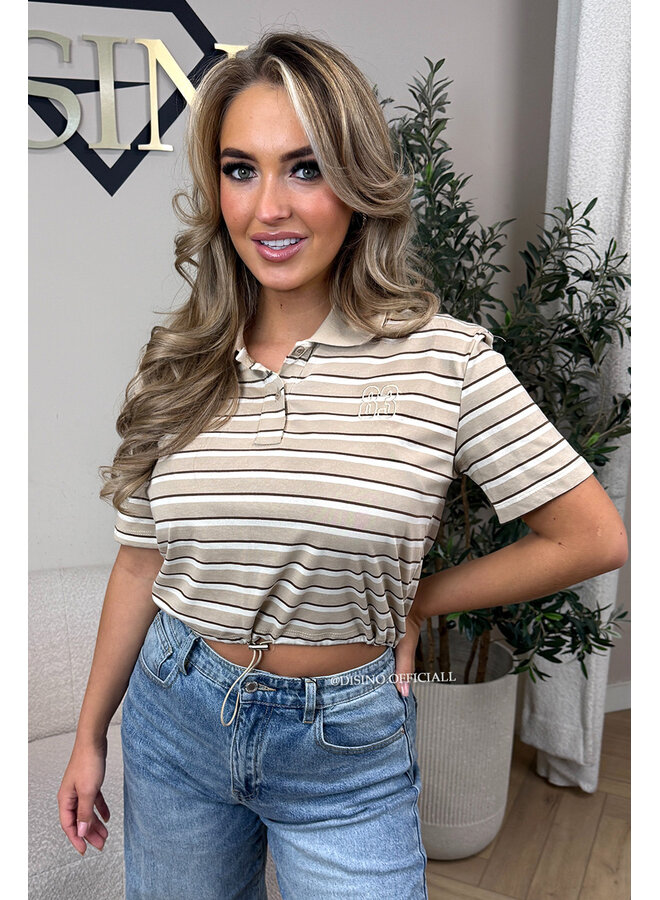 BEIGE - 'KIRSTEN TOP' - CROPPED STRIPED POLO SHIRT