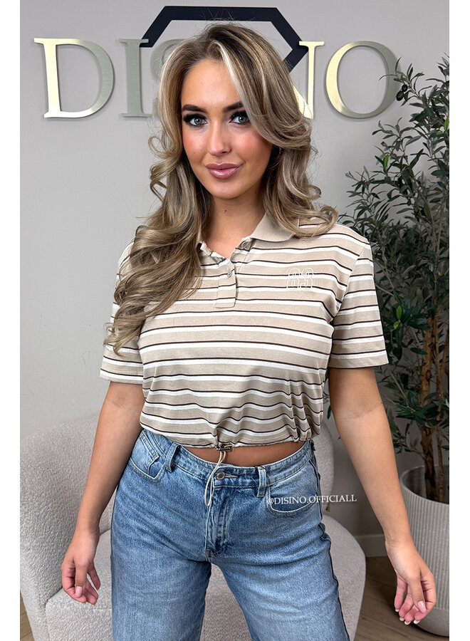 BEIGE - 'KIRSTEN TOP' - CROPPED STRIPED POLO SHIRT
