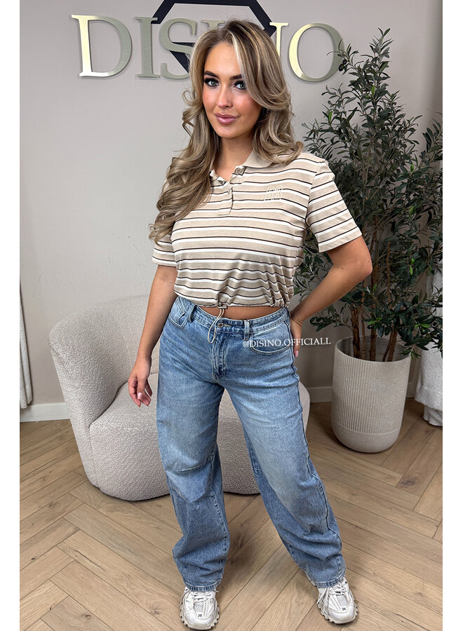 BEIGE - 'KIRSTEN TOP' - CROPPED STRIPED POLO SHIRT