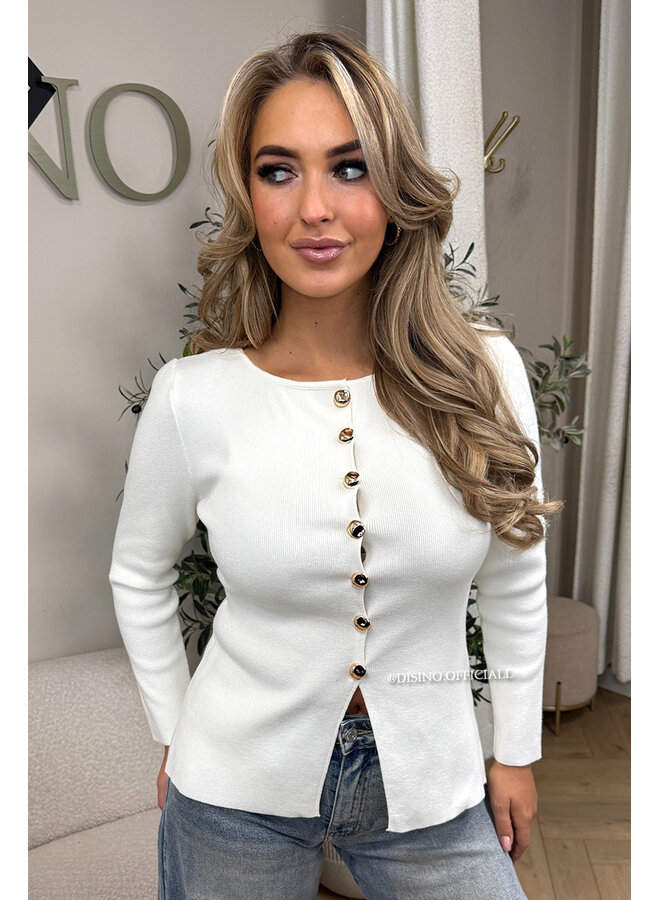 WHITE - 'IVANNA' - CLASSY GOLD BUTTON TOP