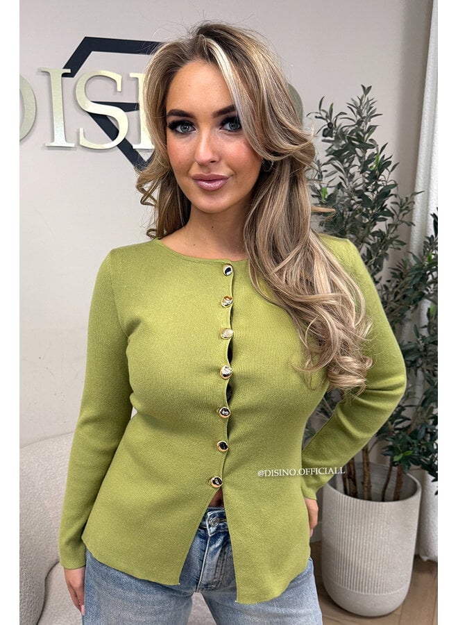 LIME GREEN - 'IVANNA' - CLASSY GOLD BUTTON TOP