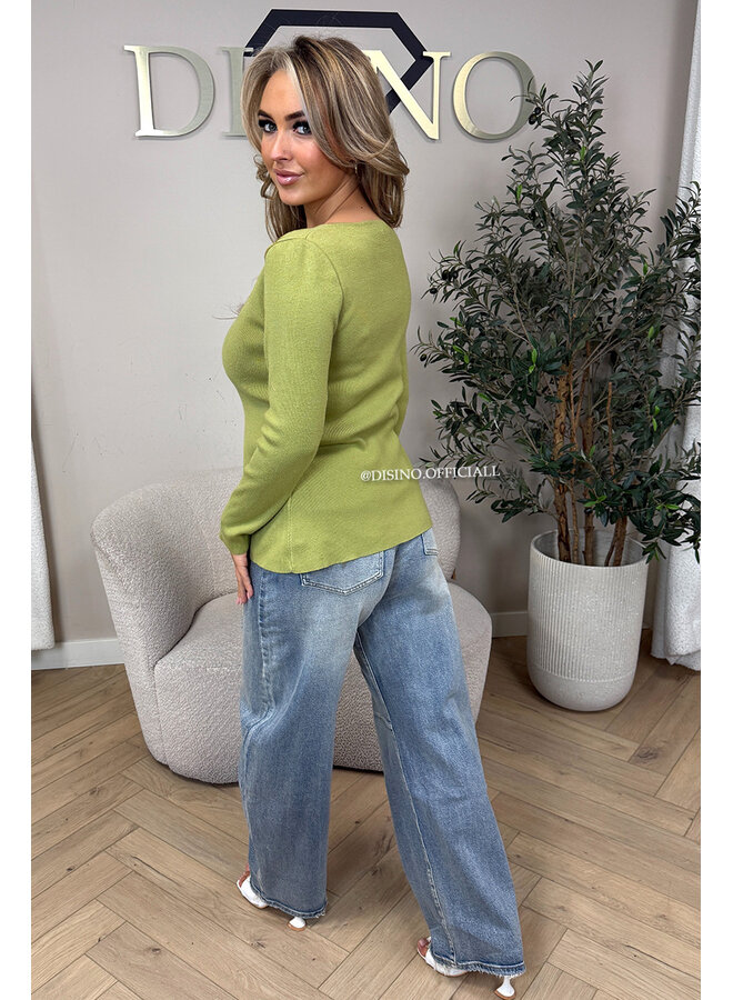 LIME GREEN - 'IVANNA' - CLASSY GOLD BUTTON TOP