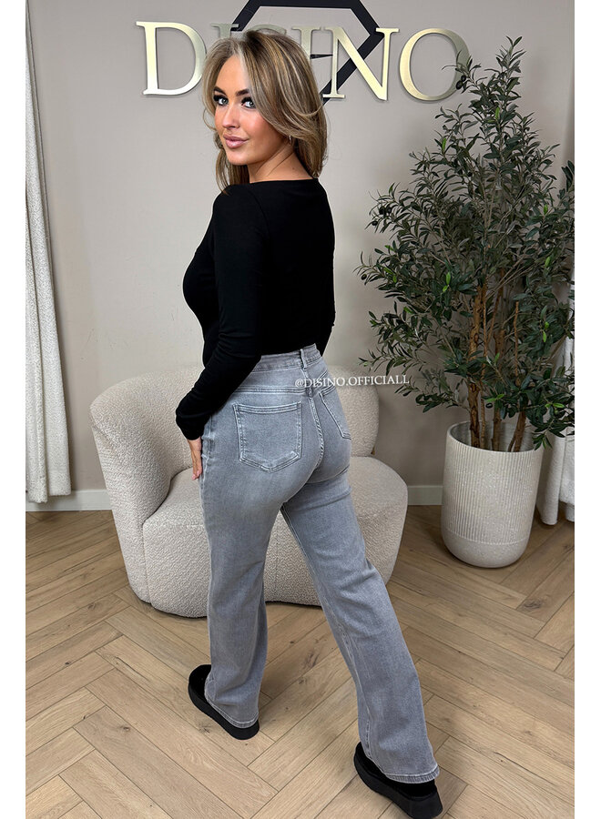 LIGHT GREY - 'MANHATTAN' - SUPER STRETCH HIGH WAIST WIDE LEG JEANS