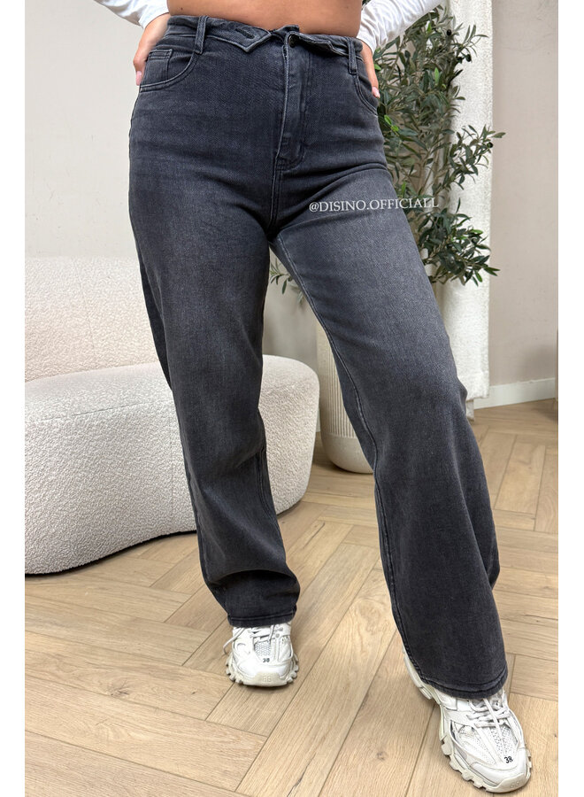 BLACK - 'FOLDED JEANS' - SUPER STRETCH FOLDED WAISTBAND WIDE LEG JEANS