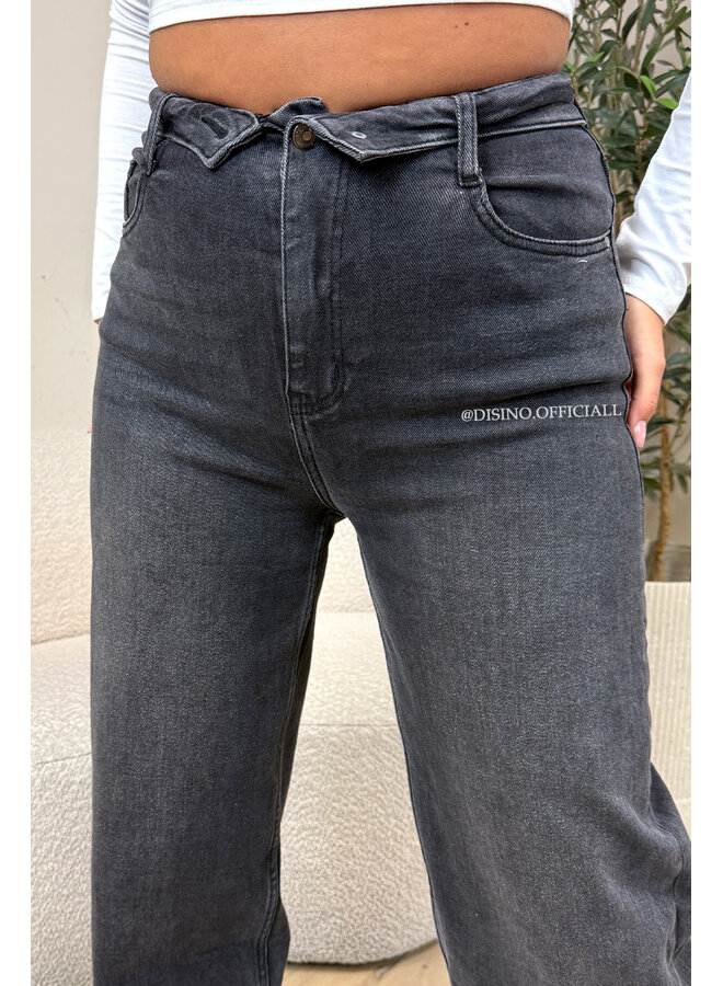 BLACK - 'FOLDED JEANS' - SUPER STRETCH FOLDED WAISTBAND WIDE LEG JEANS