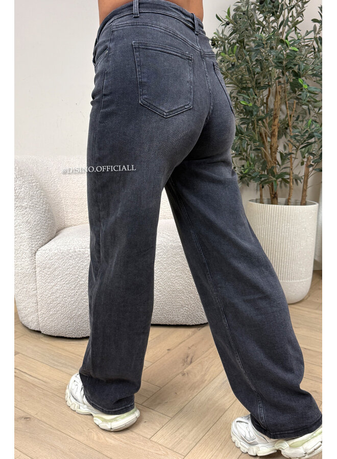 BLACK - 'FOLDED JEANS' - SUPER STRETCH FOLDED WAISTBAND WIDE LEG JEANS