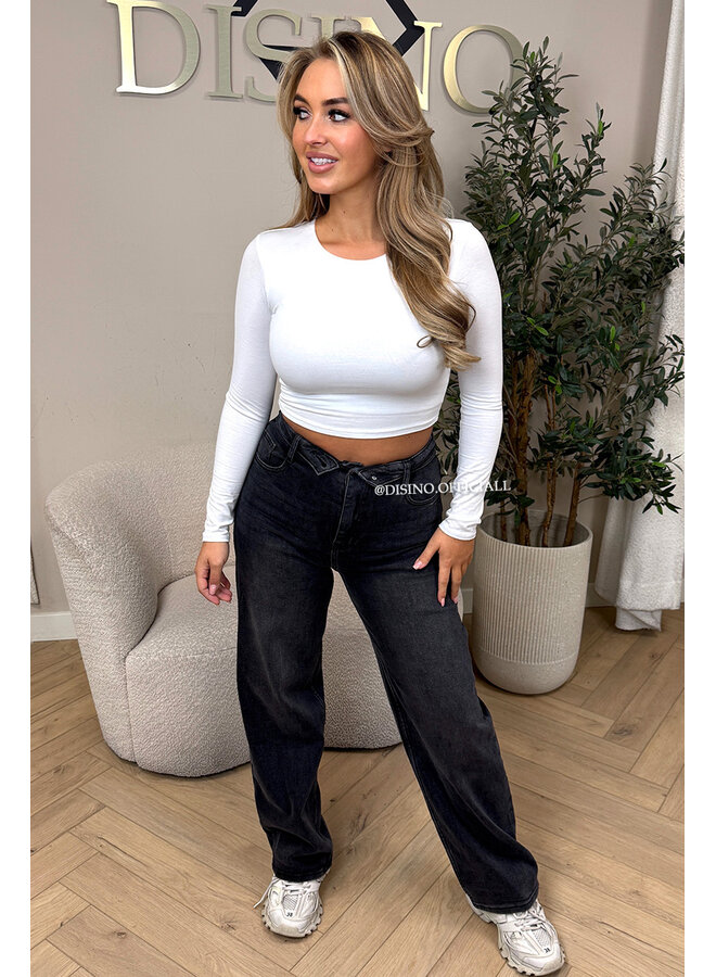 BLACK - 'FOLDED JEANS' - SUPER STRETCH FOLDED WAISTBAND WIDE LEG JEANS