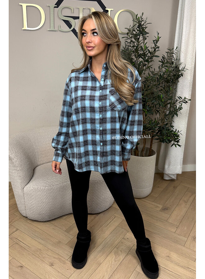 BLUE - 'MAUREEN BLOUSE' - DIAMONDS ALL OVER OVERSIZED CHECKED BLOUSE