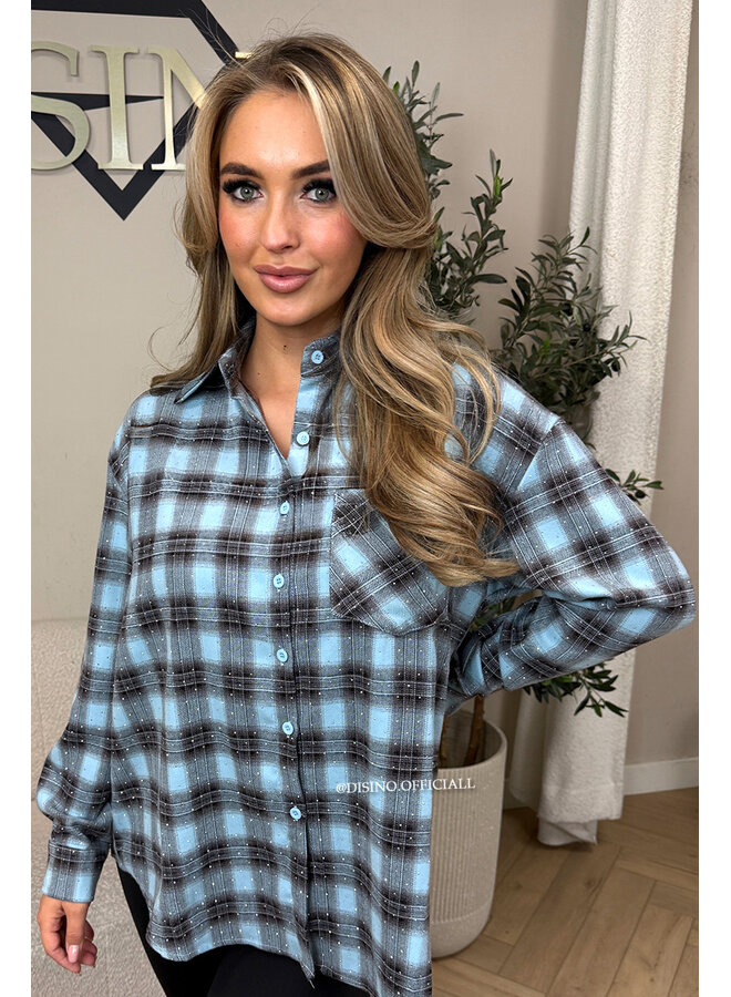 BLUE - 'MAUREEN BLOUSE' - DIAMONDS ALL OVER OVERSIZED CHECKED BLOUSE