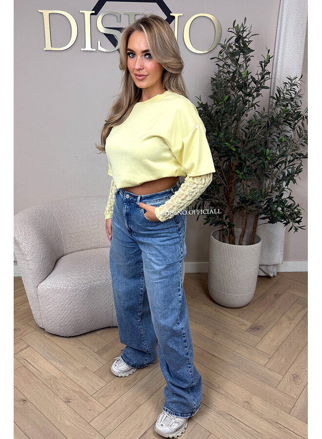 YELLOW - 'ESMEY TEE' - LACE SLEEVES OVERSIZED TEE