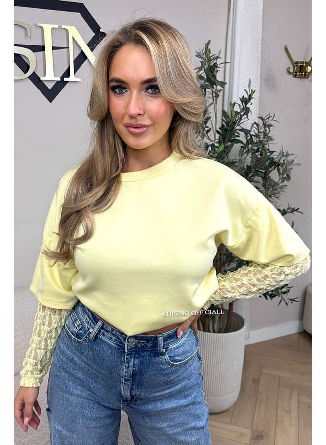 YELLOW - 'ESMEY TEE' - LACE SLEEVES OVERSIZED TEE