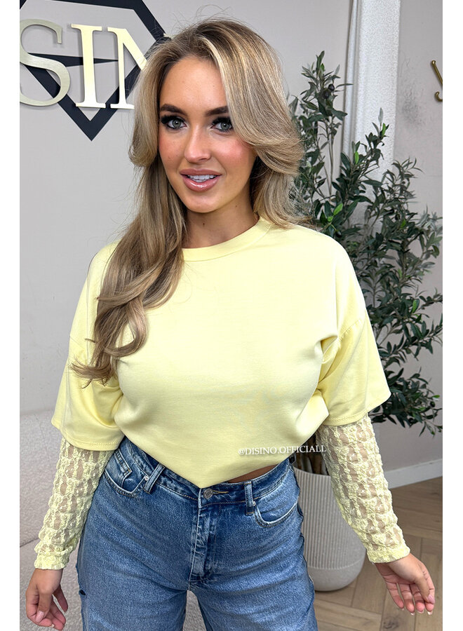 YELLOW - 'ESMEY TEE' - LACE SLEEVES OVERSIZED TEE