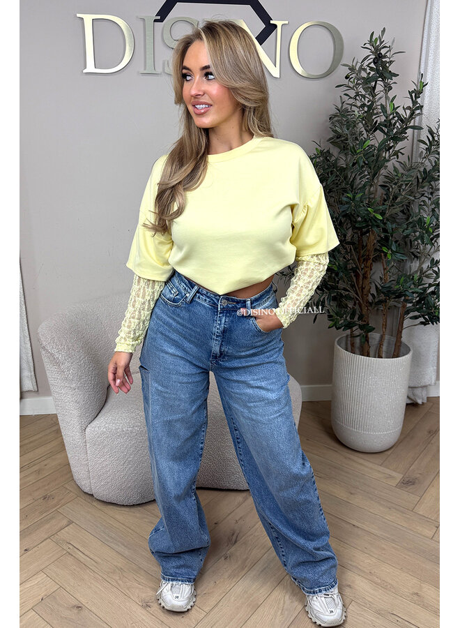 YELLOW - 'ESMEY TEE' - LACE SLEEVES OVERSIZED TEE