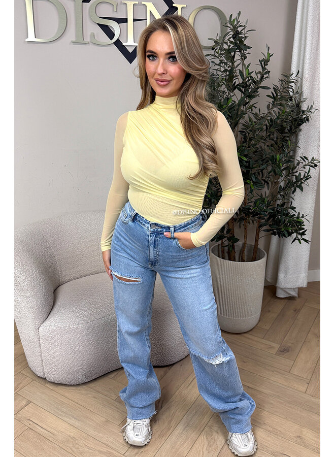 YELLOW - 'MABEL BODY' - MESH LONG SLEEVE RUCHED BODYSUIT