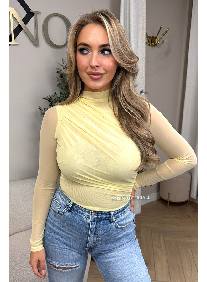 YELLOW - 'MABEL BODY' - MESH LONG SLEEVE RUCHED BODYSUIT