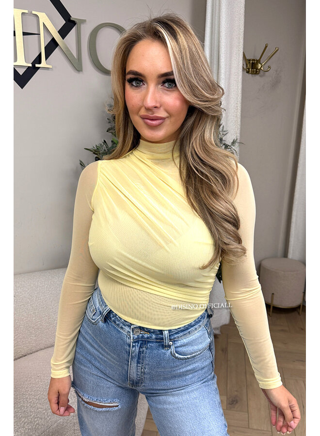 YELLOW - 'MABEL BODY' - MESH LONG SLEEVE RUCHED BODYSUIT
