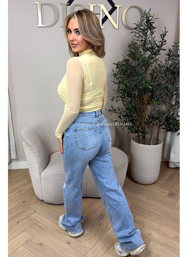 YELLOW - 'MABEL BODY' - MESH LONG SLEEVE RUCHED BODYSUIT