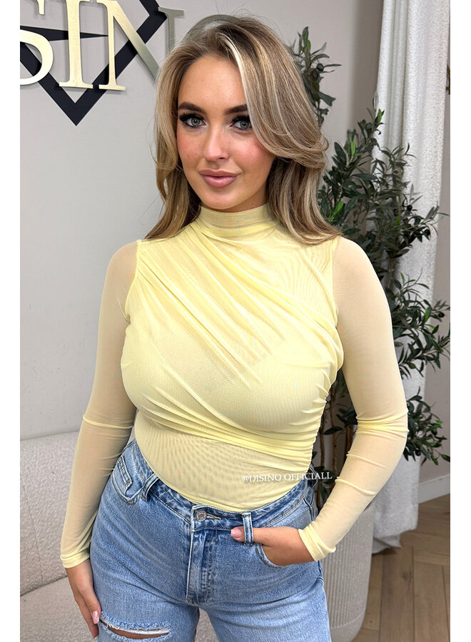 YELLOW - 'MABEL BODY' - MESH LONG SLEEVE RUCHED BODYSUIT