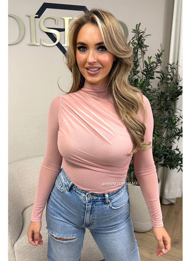 PINK - 'MABEL BODY' - MESH LONG SLEEVE RUCHED BODYSUIT