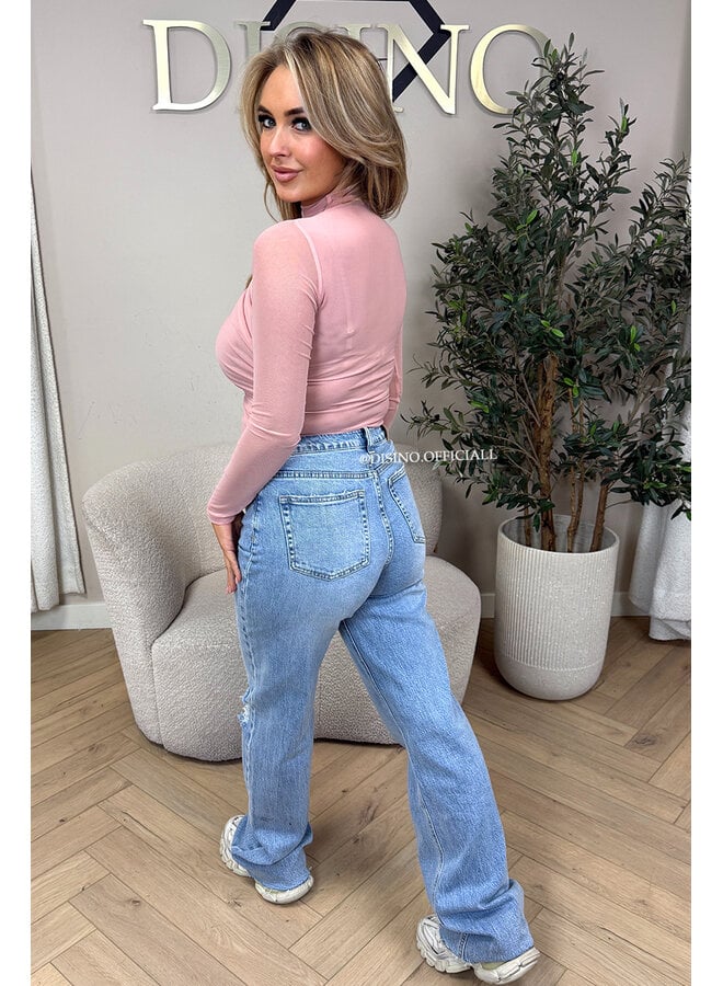 PINK - 'MABEL BODY' - MESH LONG SLEEVE RUCHED BODYSUIT