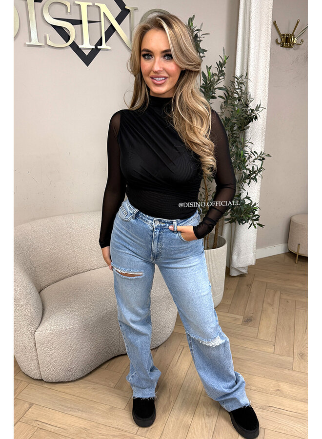 BLACK - 'MABEL BODY' - MESH LONG SLEEVE RUCHED BODYSUIT