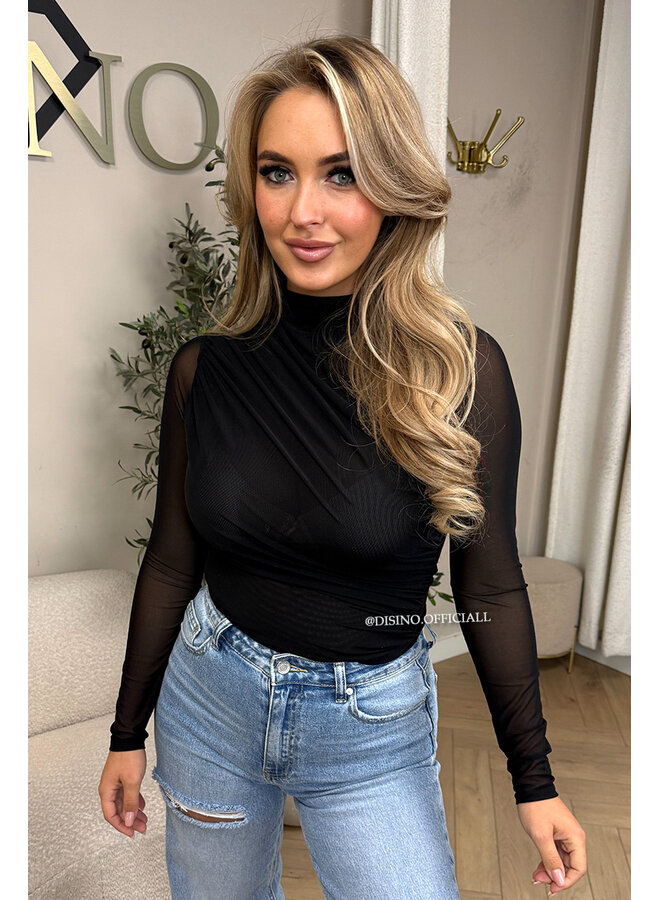 BLACK - 'MABEL BODY' - MESH LONG SLEEVE RUCHED BODYSUIT