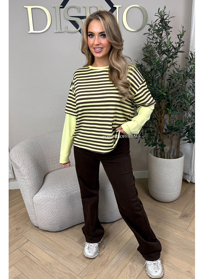 YELLOW/CHOCO - 'SOOF TEE' - STRIPED LONG SLEEVE TEE