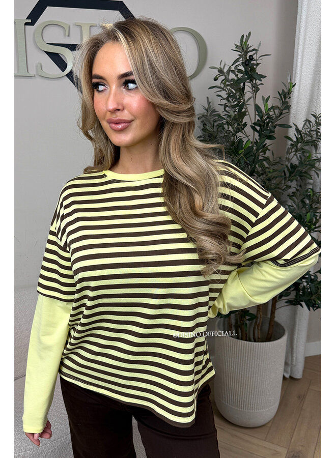 YELLOW/CHOCO - 'SOOF TEE' - STRIPED LONG SLEEVE TEE