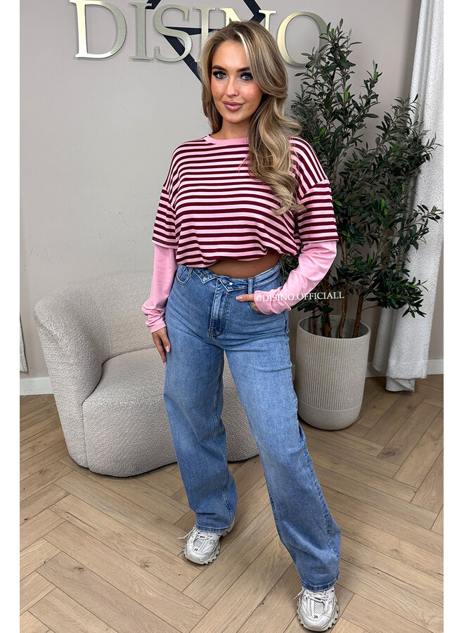 PINK/BORDEAUX - 'SOOF TEE' - STRIPED LONG SLEEVE TEE