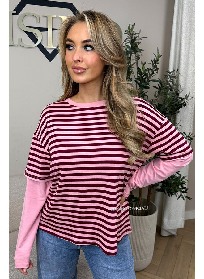 PINK/BORDEAUX - 'SOOF TEE' - STRIPED LONG SLEEVE TEE