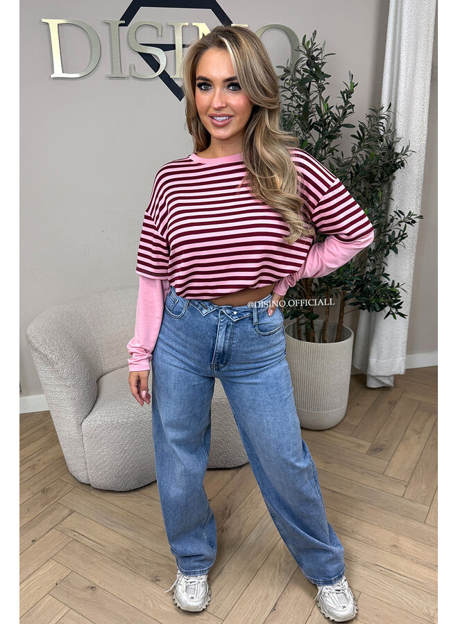 PINK/BORDEAUX - 'SOOF TEE' - STRIPED LONG SLEEVE TEE
