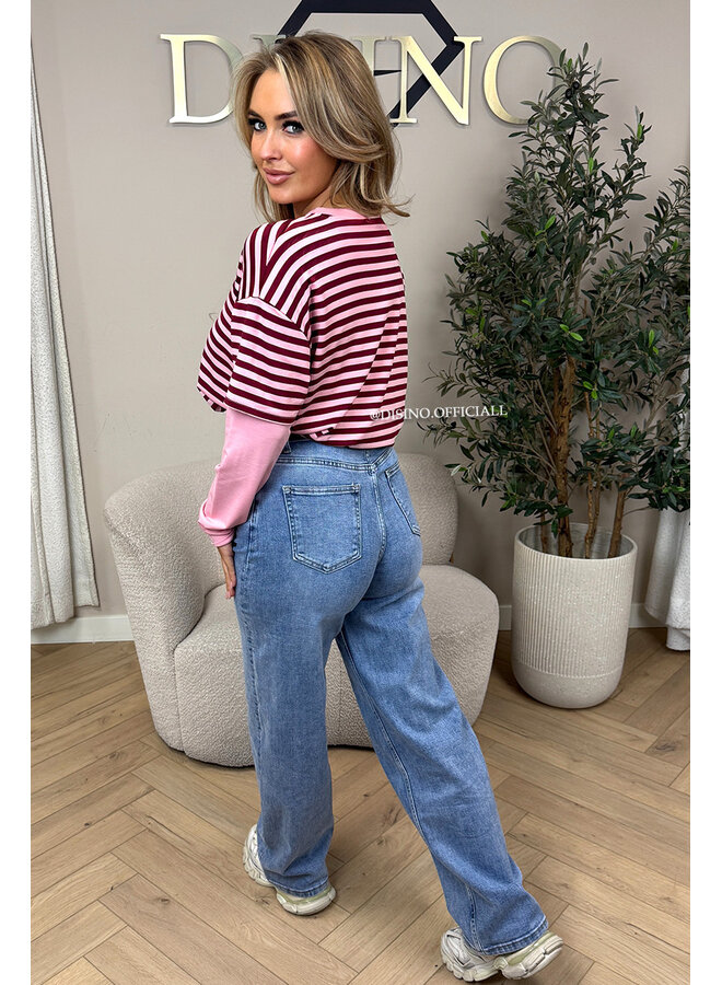 PINK/BORDEAUX - 'SOOF TEE' - STRIPED LONG SLEEVE TEE