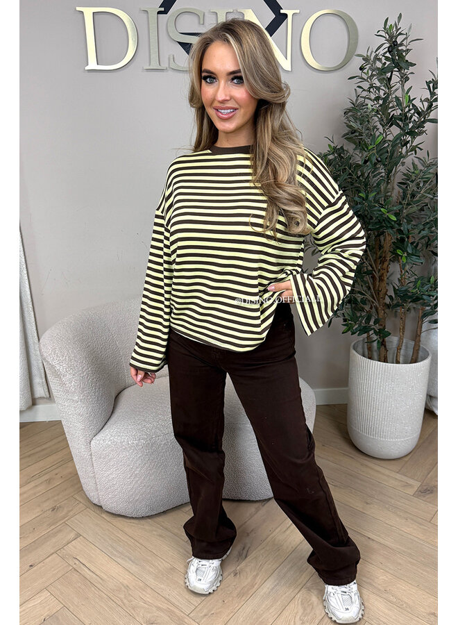 YELLOW/CHOCO - 'LEONI TEE' - STRIPED LONG SLEEVE TEE
