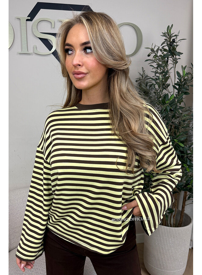 YELLOW/CHOCO - 'LEONI TEE' - STRIPED LONG SLEEVE TEE