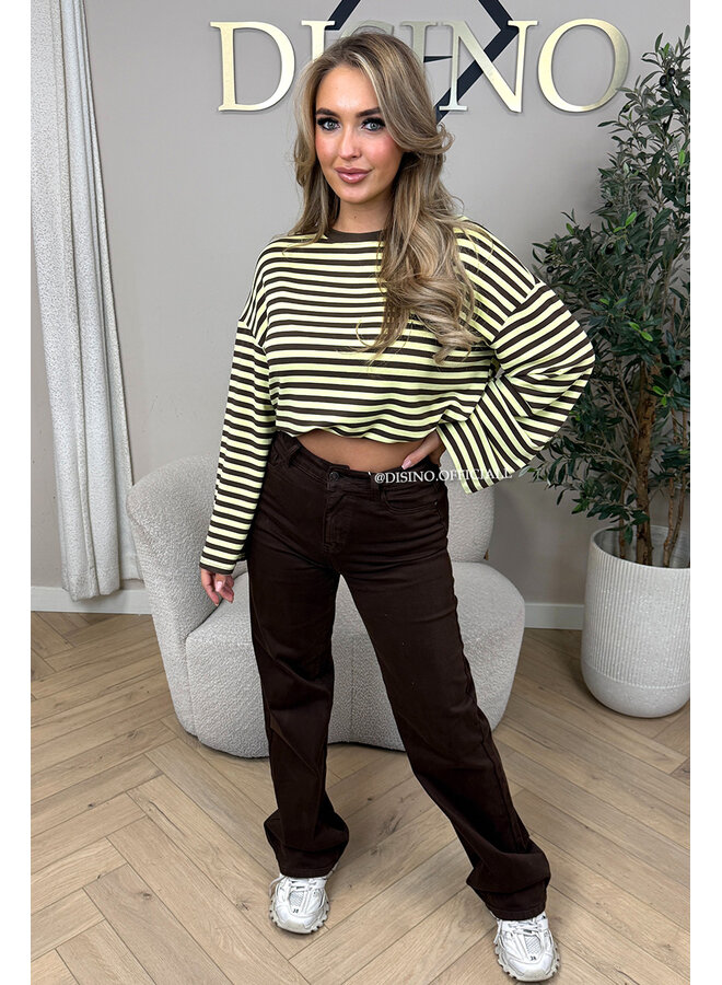 YELLOW/CHOCO - 'LEONI TEE' - STRIPED LONG SLEEVE TEE
