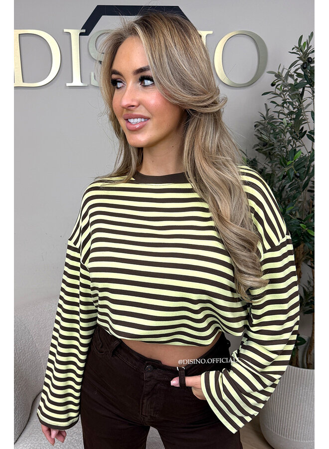 YELLOW/CHOCO - 'LEONI TEE' - STRIPED LONG SLEEVE TEE