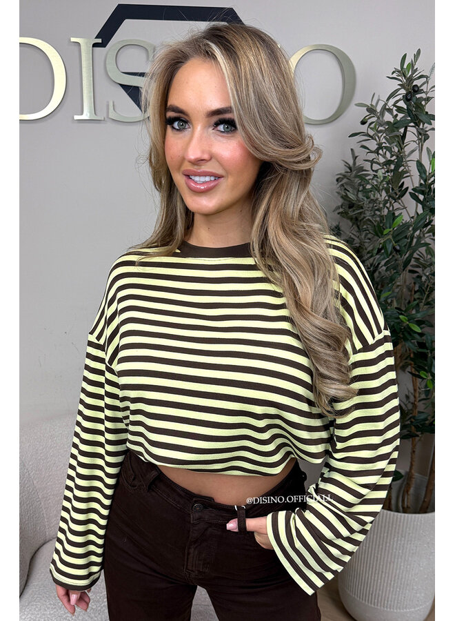 YELLOW/CHOCO - 'LEONI TEE' - STRIPED LONG SLEEVE TEE