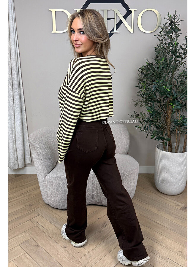 YELLOW/CHOCO - 'LEONI TEE' - STRIPED LONG SLEEVE TEE