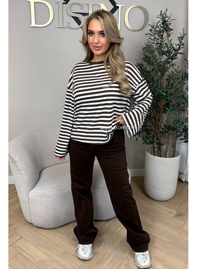 CHOCO/WHITE - 'LEONI TEE' - STRIPED LONG SLEEVE TEE