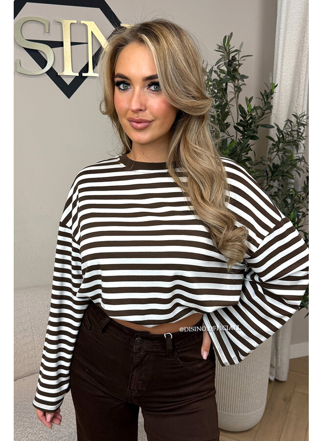 CHOCO/WHITE - 'LEONI TEE' - STRIPED LONG SLEEVE TEE