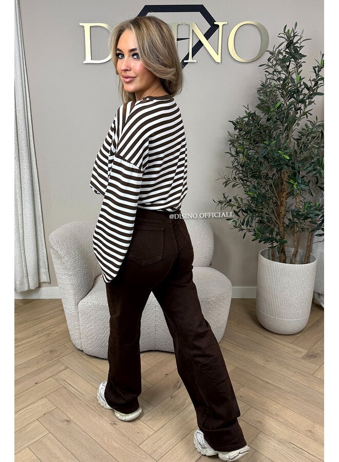 CHOCO/WHITE - 'LEONI TEE' - STRIPED LONG SLEEVE TEE