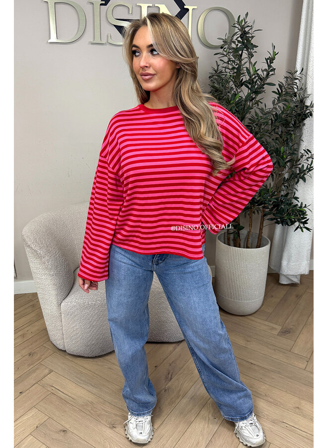 PINK/RED - 'LEONI TEE' - STRIPED LONG SLEEVE TEE
