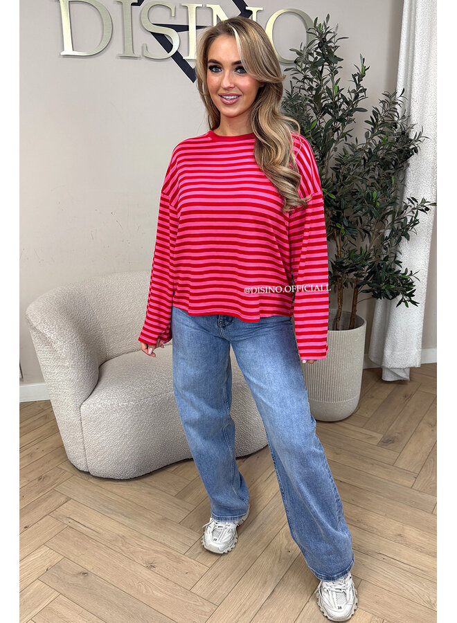 PINK/RED - 'LEONI TEE' - STRIPED LONG SLEEVE TEE