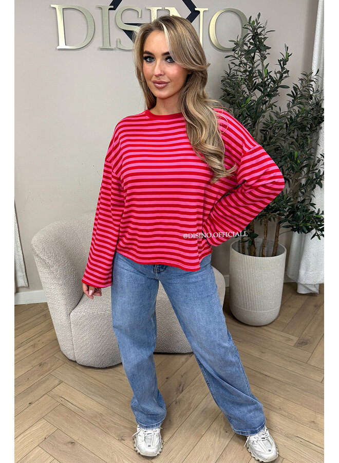 PINK/RED - 'LEONI TEE' - STRIPED LONG SLEEVE TEE